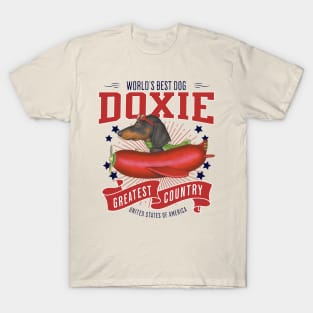 Funny Doxie with red white and blue plane Dachshund in Sausage plane USA T-Shirt